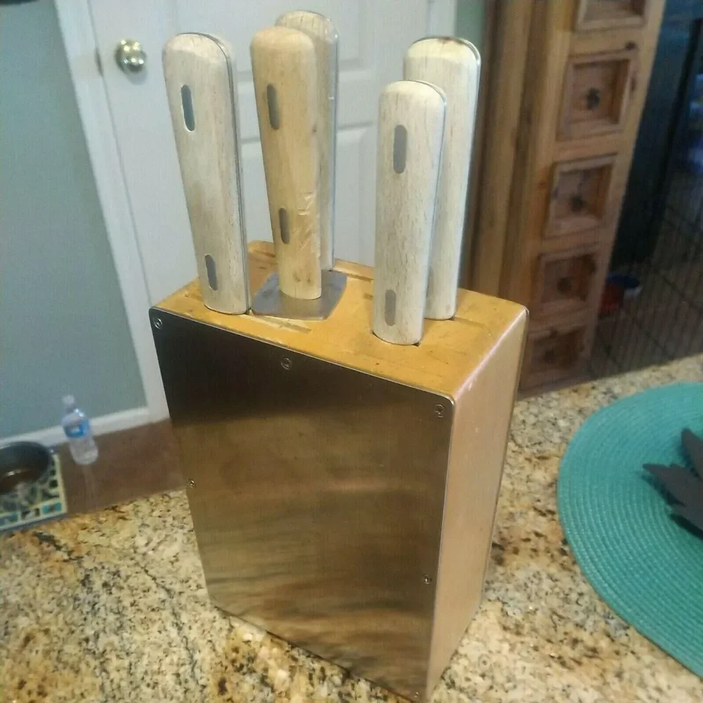 RARE IKEA 5 Wood Handle Knives 6 Piece Set Including Stainless Wood Block